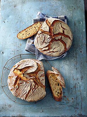 Sowohl das Weizenbrot mit heller, mittel- bis grobporiger Krume (unten) als auch der Weizenlaib mit lockerer, kleinporiger Krume (oben) haben eine weiß bemehlte, von goldbraunen Rissen durchzogene Kruste.
