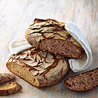 Sowohl das Schmalzbrot mit heller, kleinporiger Krume (unten) als auch das Nussbrot mit rötlich-violett gefärbter, lockerer Krume (oben) haben eine kräftig ausgebackene, rustikal aufgerissene und bemehlte Kruste.