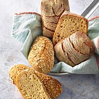 Sowohl die länglichen, mit Haferflocken bestreuten Dinkel-Joghurt-Brötchen (unten) als auch die eckigen, leicht bemehlten Dinkel-Bier-Brötchen (oben) haben eine kleinporige, lockere Krume.