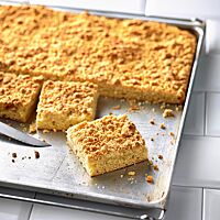 Der goldgelb ausgebackene Streuselkuchen mit dicker Streuselschicht hat eine feinporige, saftigen Krume.