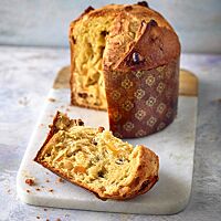 In der hellgelben, faserigen Krume des goldbraun ausgebackenen Panettone sind Sultaninen und Orangeat zu sehen.