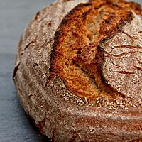 Das Roggenmischbrot hat eine rustikal aufgerissene, kräftige Kruste.