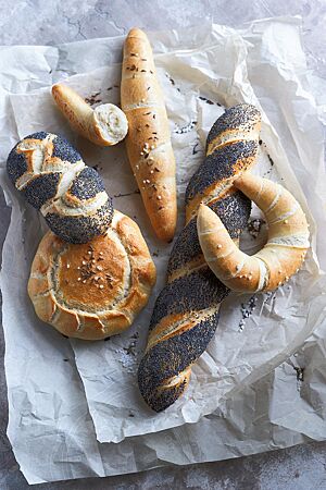 Ein goldgelb ausgebackenes Salz-Kümmel-Weck mit zwölffach eingeschlagenem Rand (Mitte links) liegt neben einem Salzstangerl (Mitte), einem Mohnzopf (oben links) sowie einem Zopfbarches (Mitte rechts) und einem Salzhörnchen (rechts) auf hellem Backpapier.