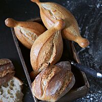 Ein länglich geformtes Baguettebrötchen mit rustikal aufgerissener, bemehlte Kruste und grober, unregelmäßige Porung (unten) liegt mit drei Fränkischen Kipfen (oben) in einer eckigen Holzschale.