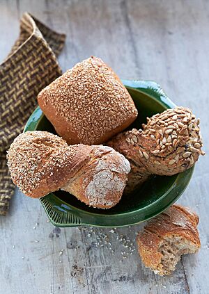 In einer grünen Schüssel liegen ein Weizenvollkornbrötchen (Mitte) und  zwei Saatenschrotlinge (rechts und links). Das eckige Weizenvollkornbrötchen hat eine knusprig ausgebackene und in Schrot gewälzte Oberfläche.