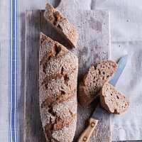 Der Schrotling ist ein mehrfach schräg eingeschnittenes Stangenbrot mit Schrot auf der Oberfläche. Die Krume ist elastisch, sehr saftig und kleinporig. Neben dem Stangenbrot im Anschnitt liegt auf dem rustikalen Holzbrett ein Brotmesser.