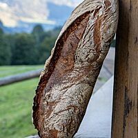 Das kräftig ausgebackene Sylter Weißbrot mit seitlich aufgerissener Kruste lehnt an einer Holzwand. Im Hintergrund ist das Bergpanorama der gegenüberliegenden Talseite sichtbar.