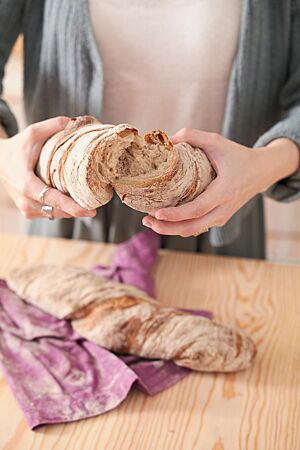 Ein auseinandergebrochenes, in sich verdrehtes Wurzelbrot zeigt die lockere Krume unter der knusprigen Kruste.